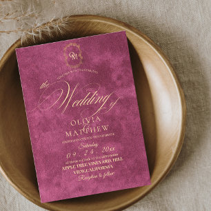 Chic Fuchsia / Gold Handwriting Script Wedding  Invitation