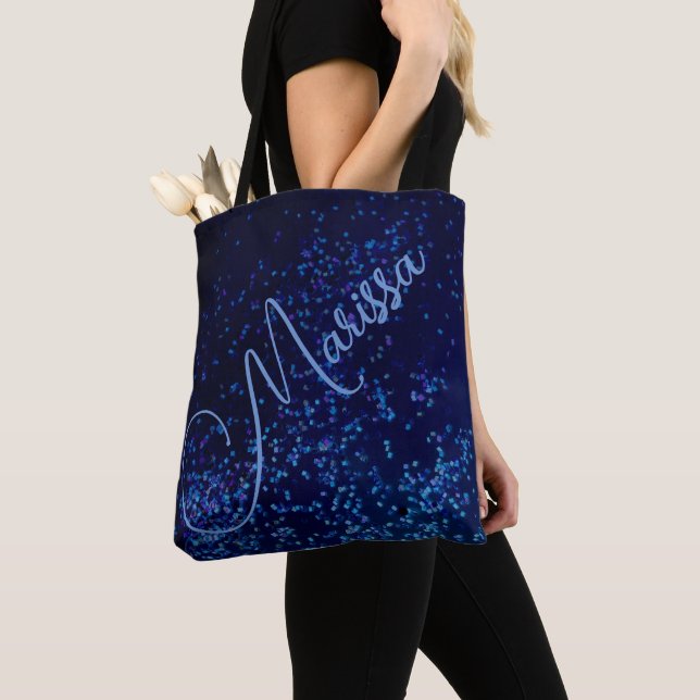 Chic Fun Personalized Blue Confetti Tote Bag (Close Up)