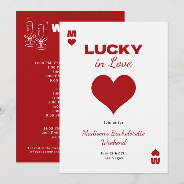 Chic Fun Red Lucky In Love Bachelorette Itinerary Invitation (Front/Back)