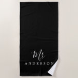Chic Future Mr Black and White Monogram Beach Towel<br><div class="desc">Chic black and white monogrammed beach towel with the text Mr in white elegant script calligraphy. You can customize this luxurious beach towel with your married name. Perfect gift for the newlywed couple with the matching Mrs beach towel or for the bridal shower. Exclusively designed for you by Happy Dolphin...</div>