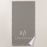 Chic Future Mr Grey Monogram Beach Towel<br><div class="desc">Chic grey monogrammed beach towel with the text Mr in white elegant script calligraphy. You can customize this luxurious beach towel with your married name. Perfect gift for the newlywed couple with the matching Mrs beach towel or for the bridal shower. Exclusively designed for you by Happy Dolphin Studio. If...</div>