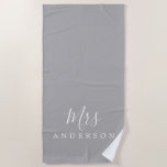 Chic Future Mrs Grey Monogram Beach Towel<br><div class="desc">Chic grey monogrammed beach towel with the text Mrs in white elegant script calligraphy. You can customize this luxurious beach towel with your married name. Perfect gift for the newlywed couple with the matching Mr beach towel or for the bridal shower. Exclusively designed for you by Happy Dolphin Studio. If...</div>