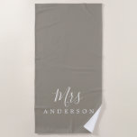 Chic Future Mrs Grey Monogram Beach Towel<br><div class="desc">Chic grey monogrammed beach towel with the text Mrs in white elegant script calligraphy. You can customize this luxurious beach towel with your married name. Perfect gift for the newlywed couple with the matching Mr beach towel or for the bridal shower. Exclusively designed for you by Happy Dolphin Studio. If...</div>