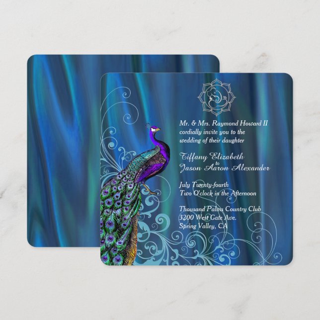 Chic Ganesha Blue Satin and Peacock Wedding  Invitation (Front/Back)