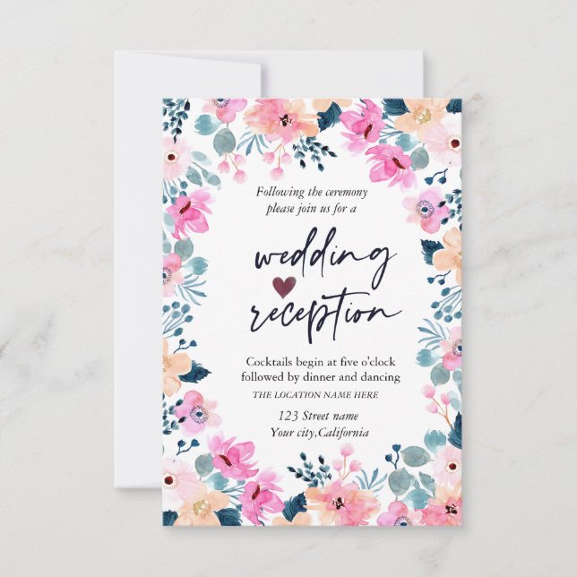 Chic Garden Pink Flowers  Reception  Invitation (Front)