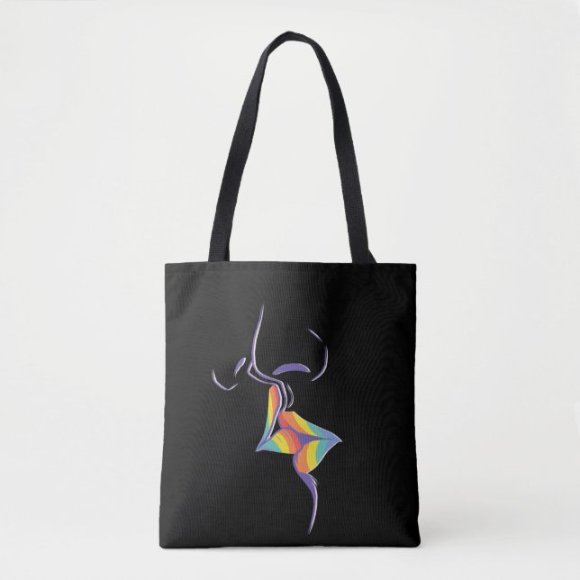 Chic Gay Pride Rainbow Lips Kissing Lesbian Couple Tote Bag (Front)