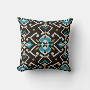 Chic geometric black teal ikat tribal pattern throw pillow