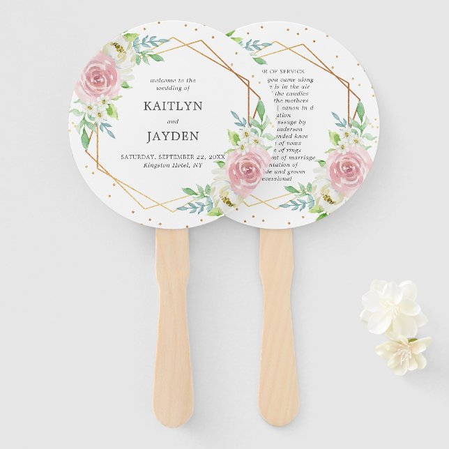 Chic Geometric Gold Foil Floral Wedding Hand Fan (Front and Back)