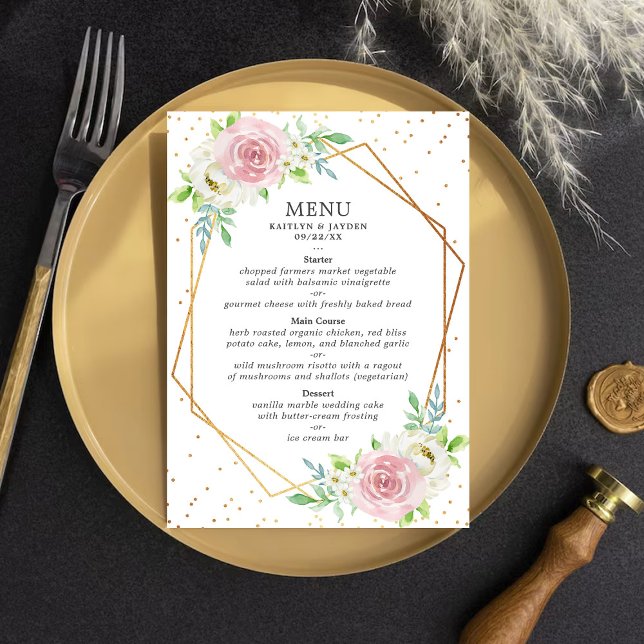 Chic Geometric Gold Foil Floral Wedding Menu (Creator Uploaded)