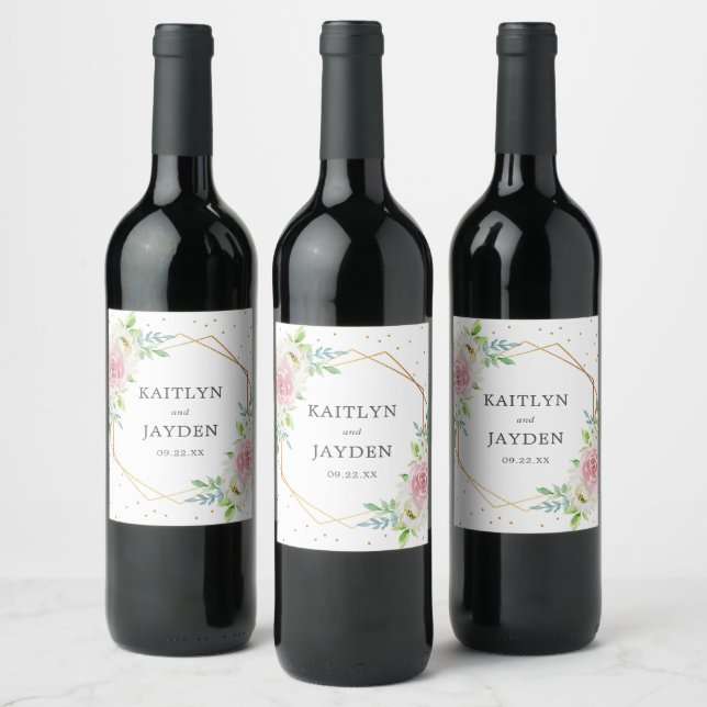 Chic Geometric Gold Foil Floral Wedding Wine Label (Bottles)