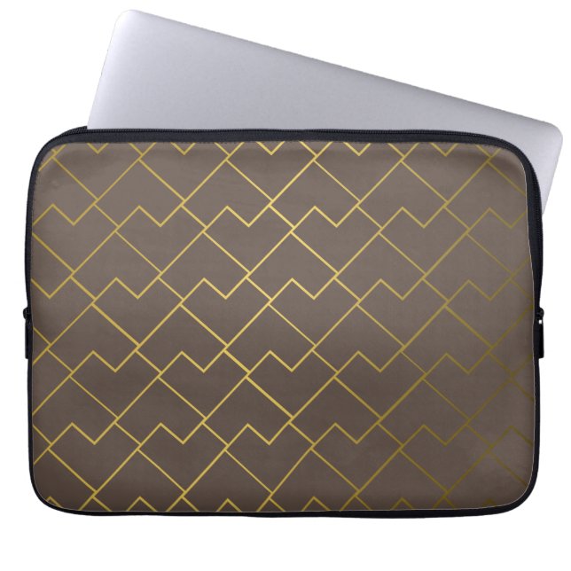 Chic Geometric Golden Coffee Chocolate Brown Laptop Sleeve (Front)