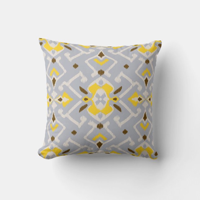 Chic geometric grey yellow ikat tribal pattern throw pillow (Front)