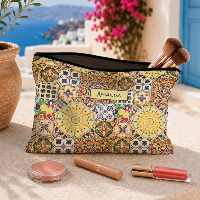Chic Geometric Mediterranean Orange Tiles Monogram Accessory Pouch (Creator Uploaded)