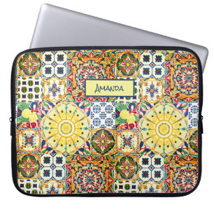 Chic geometric Mediterranean orange tiles monogram Laptop Sleeve