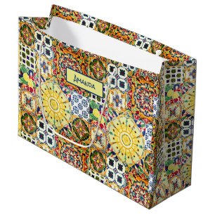 Chic geometric Mediterranean orange tiles monogram Large Gift Bag