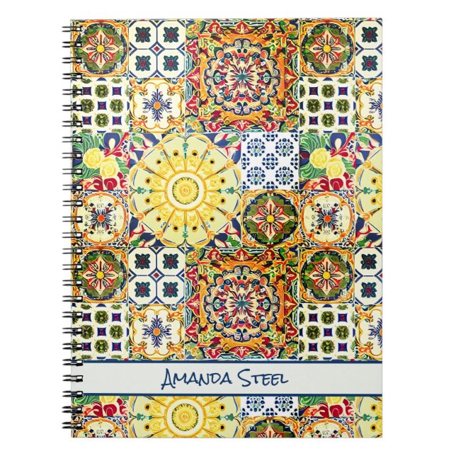 Chic geometric Mediterranean orange tiles monogram Notebook (Front)