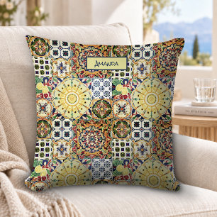 Chic geometric Mediterranean orange tiles monogram Throw Pillow