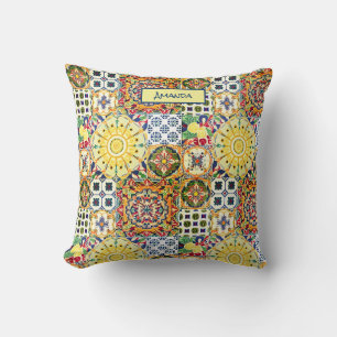 Chic geometric Mediterranean orange tiles monogram Throw Pillow