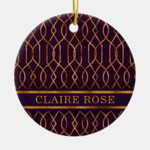 Chic Geometric Purple Gold Lattice Pattern Ceramic Ornament