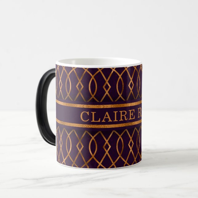 Chic Geometric Purple Gold Lattice Pattern Magic Mug (Front Left)