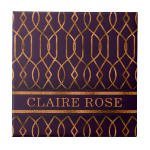 Chic Geometric Purple Gold Lattice Pattern Tile