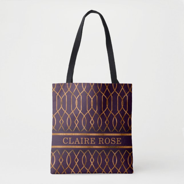 Chic Geometric Purple Gold Lattice Pattern Tote Bag (Front)