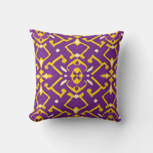 Chic geometric purple yellow ikat tribal pattern throw pillow