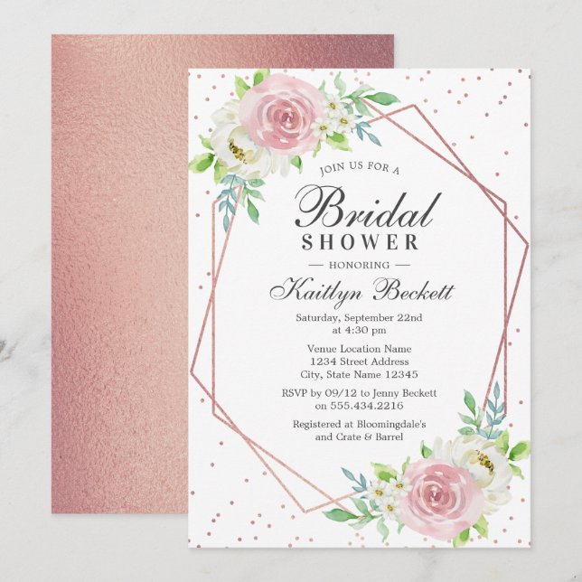 Chic Geometric Rose Gold Foil Floral Bridal Shower Invitation (Front/Back)