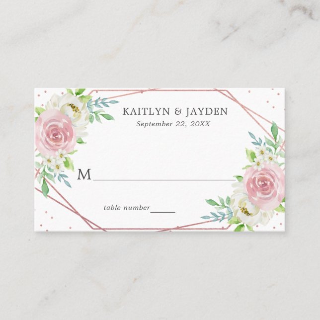 Chic Geometric Rose Gold Foil Floral Wedding Place Card (Front)