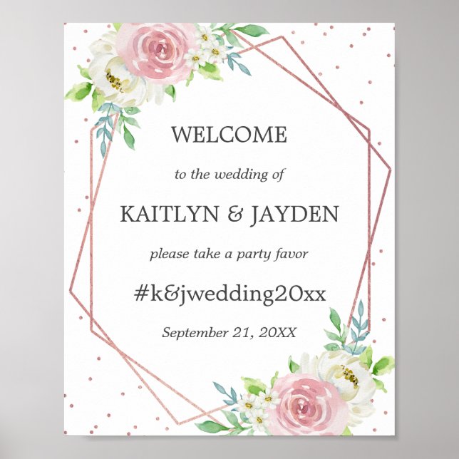Chic Geometric Rose Gold Foil Floral Wedding Poster (Front)