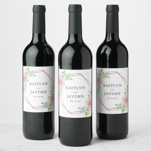 Chic Geometric Rose Gold Foil Floral Wedding Wine Label (Bottles)