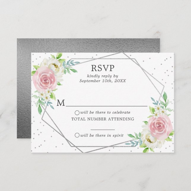 Chic Geometric Silver Foil Floral Wedding RSVP Invitation (Front/Back)