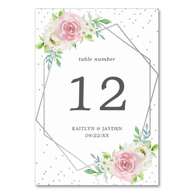Chic Geometric Silver Foil Floral Wedding Table Number (Front)