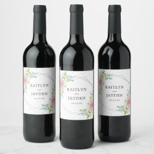 Chic Geometric Silver Foil Floral Wedding Wine Label