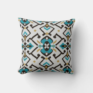 Chic geometric teal black ikat tribal pattern throw pillow