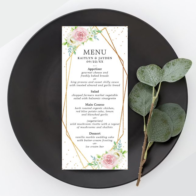 Chic Géométrique Fond d'or Floral Menu Mariage (Créateur téléchargé)