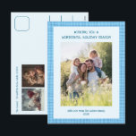 Chic Gingham Blue Christmas Custom 3 Photo  Holiday Postcard<br><div class="desc">Perfect cute postcard for a fun holiday greeting! Hand made art for you! FULLY CUSTOMIZABLE! Click on “Personalize” above to edit the text on the front and back and add your own photos to the front and back. Click "edit using design tool" to adjust the fonts, colours and placements. (check...</div>