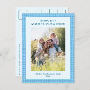 Chic Gingham Blue Christmas Custom 3 Photo  Holiday Postcard