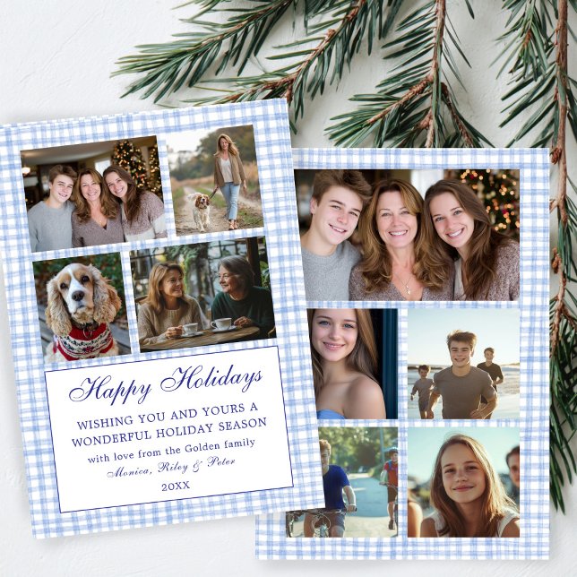 Chic Gingham Christmas Custom 9 Photo Collage Blue Holiday Card (Chic Preppy Cute Gingham Christmas Hanukkah Custom 9 Photo Collage Blue White Holiday Card
)