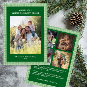 Chic Gingham Christmas Green Custom 5 Photo  Holiday Card