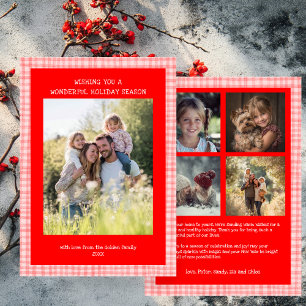 Chic Gingham Christmas Pink Red Custom 5 Photo  Holiday Card