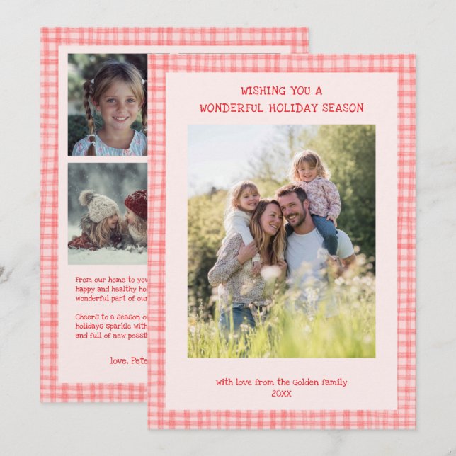 Chic Gingham Christmas Pink Red Custom 5 Photo  Holiday Card (Front/Back)