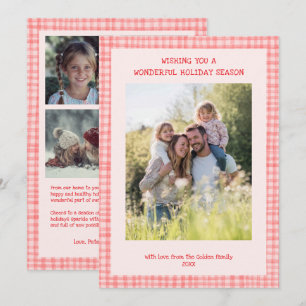 Chic Gingham Christmas Pink Red Custom 5 Photo  Holiday Card