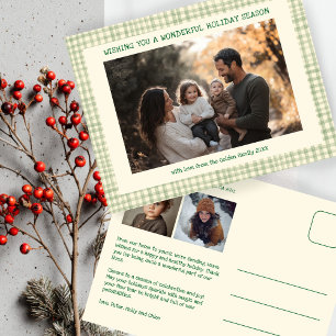 Chic Gingham Green Christmas Custom 3 Photo  Holiday Postcard