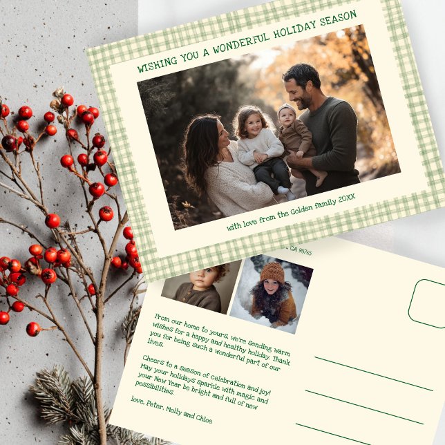 Chic Gingham Green Christmas Custom 3 Photo  Holiday Postcard (Chic Gingham Green Yellow Soft Christmas Custom 3 Photo Holiday Postcard
)