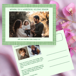 Chic Gingham Green Christmas Custom 3 Photo  Holiday Postcard