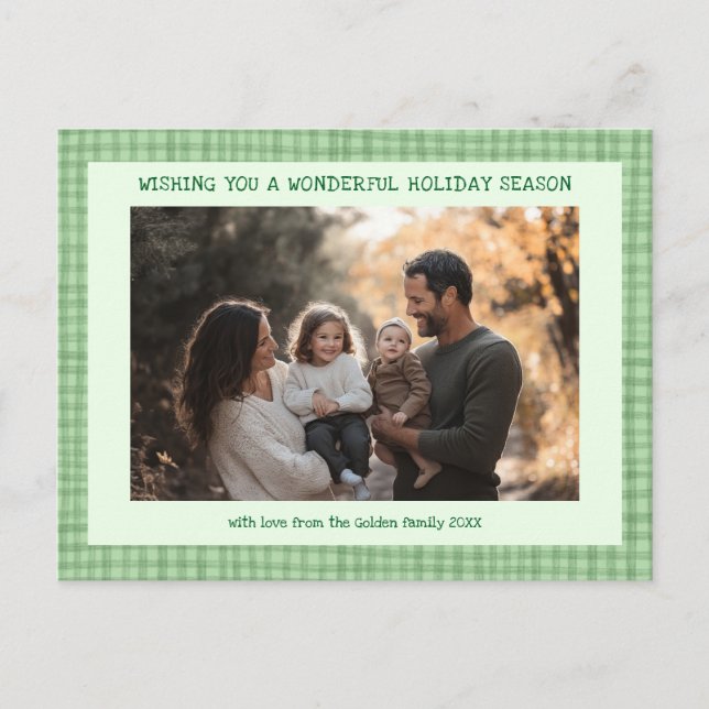 Chic Gingham Green Christmas Custom 3 Photo  Holiday Postcard (Front)