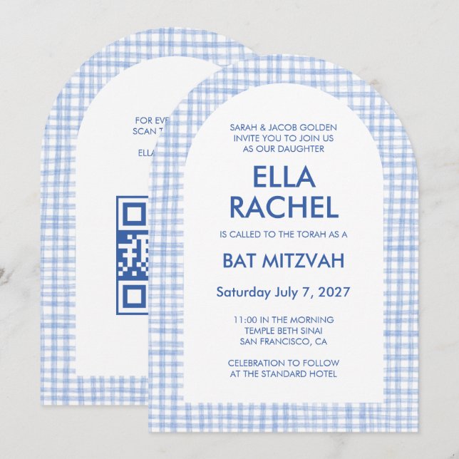 Chic Gingham Modern Custom QR Bat Bar Mitzvah Arch Invitation (Front/Back)