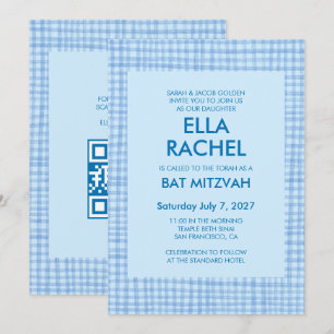 Chic Gingham Modern Custom QR CODE Bat Bar Mitzvah Invitation