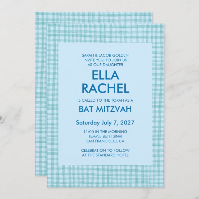 Chic Gingham Modern Custom QR CODE Bat Bar Mitzvah Invitation (Front/Back)